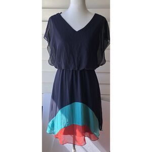 ENFOCUS STUDIO Women Sz 8 Navy Color Block Mini Multicolor V Neck‎ Dress Chiffon